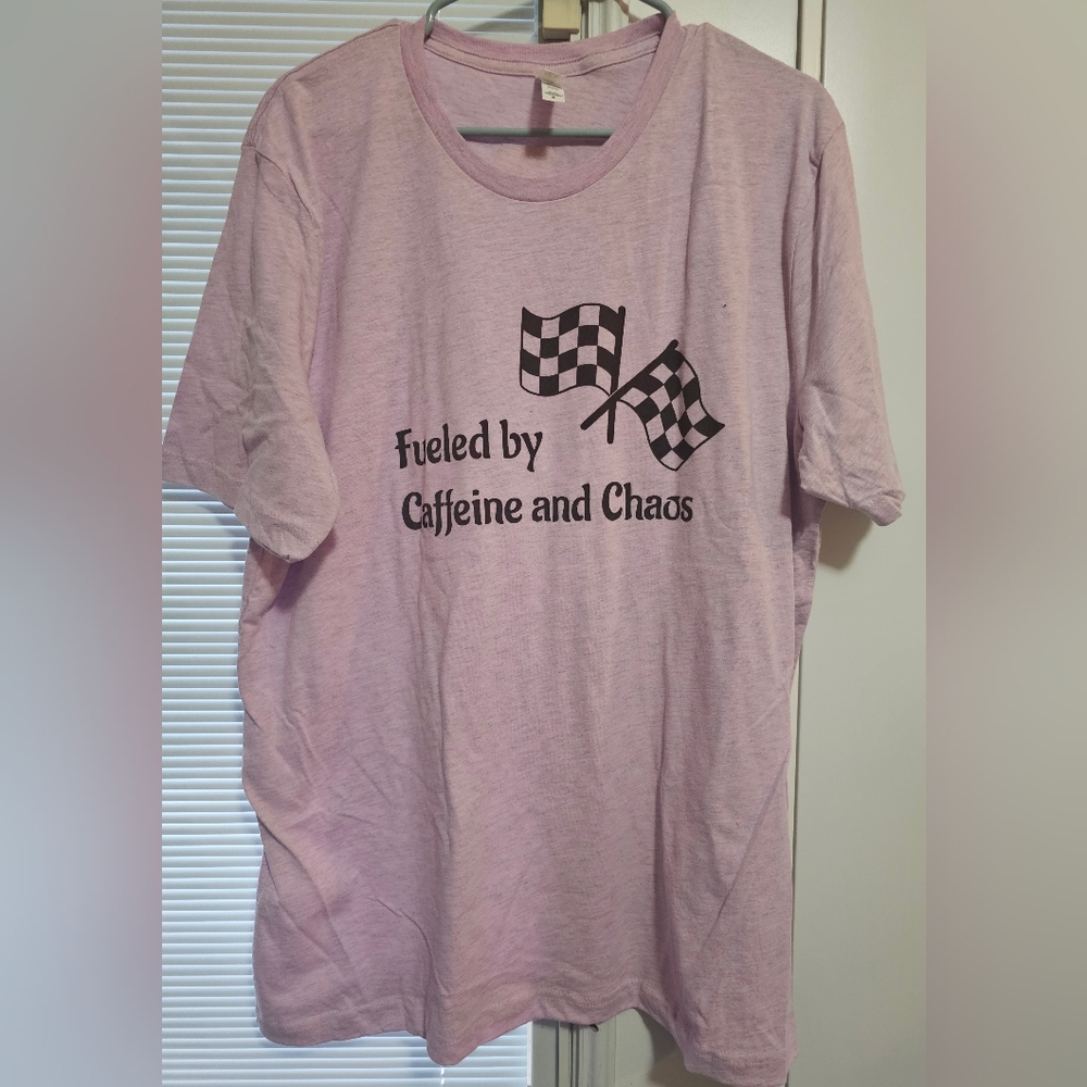 Lavender Racing Flags Graphic Tee "Fueled By Caffeine And Chaos"